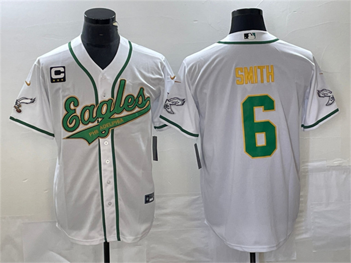 Personalized Men’s Philadelphia Eagles #6 DeVonta Smith White Gold With C Patch Cool Base Stitched Baseball Jersey