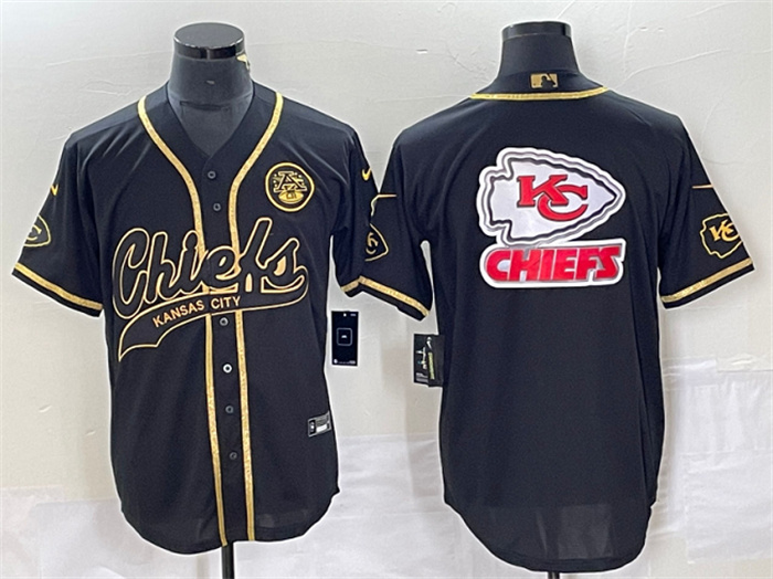 Personalized Men’s Kansas City Chiefs Black Gold Team Big Logo With Patch Cool Base Stitched Baseball Jersey