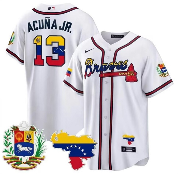 Personalized Men’s Atlanta Braves #13 Ronald Acuña Jr. 2023 White With Patch Cool Base Stitched Jersey