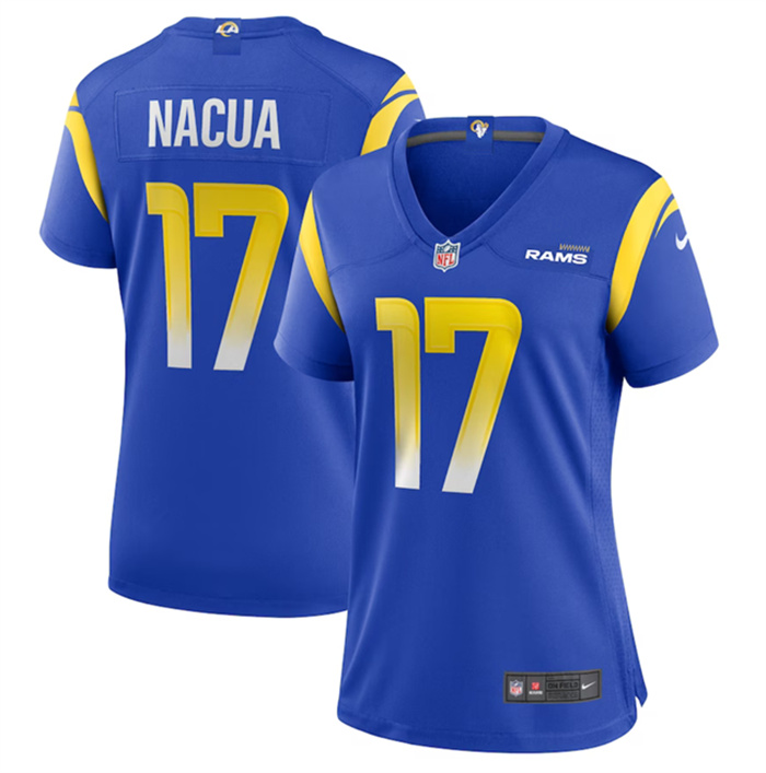Personalized Women’s Los Angeles Rams #17 Puka Nacua Blue Stitched Game Jersey(Run Small)
