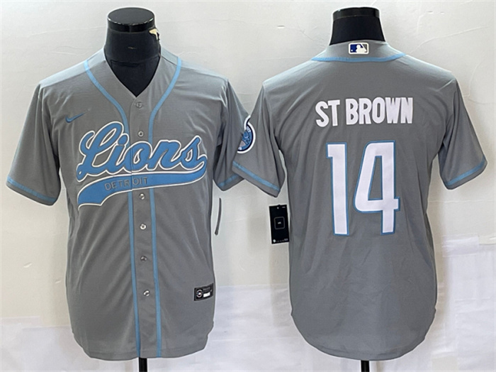 Personalized Men’s Detroit Lions #14 Amon-Ra St. Brown Gray Cool Base Stitched Baseball Jersey