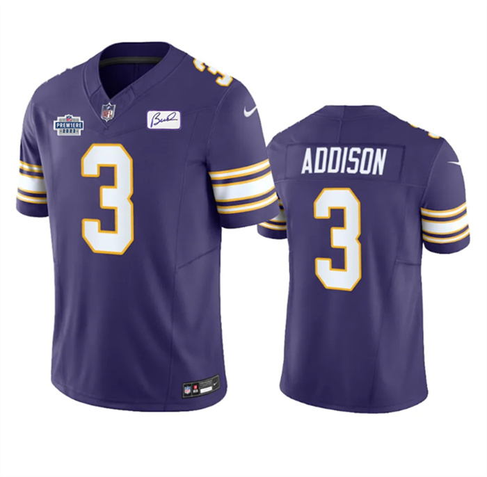 Personalized Men’s Minnesota Vikings #3 Jordan Addison Purple 2023 F.U.S.E. With Prem1ere Patch And Bud Grant Patch Untouchable Limited Stitched Football Jersey