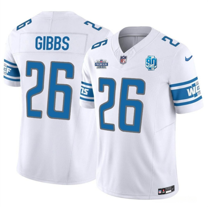 Personalized Men’s Detroit Lions #26 Jahmyr Gibbs White 2023 F.U.S.E. With Prem1ere Patch 90th Anniversary Untouchable Limited Stitched Football Jersey