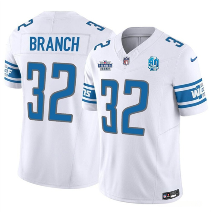 Personalized Men’s Detroit Lions #32 Brian Branch White 2023 F.U.S.E. With Prem1ere Patch 90th Anniversary Untouchable Limited Stitched Football Jersey