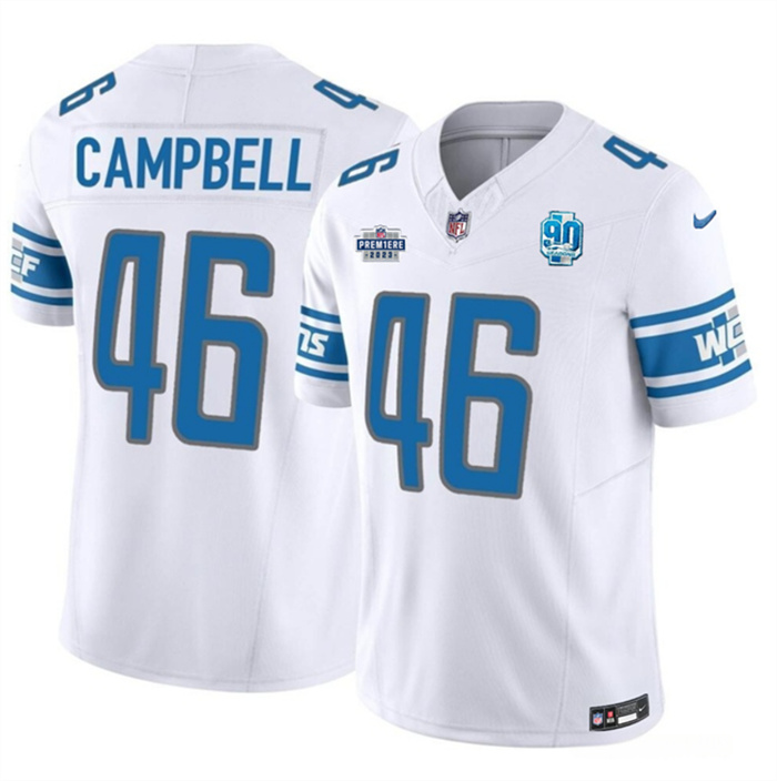 Personalized Men’s Detroit Lions #46 Jack Campbell White 2023 F.U.S.E. With Prem1ere Patch 90th Anniversary Untouchable Limited Stitched Football Jersey