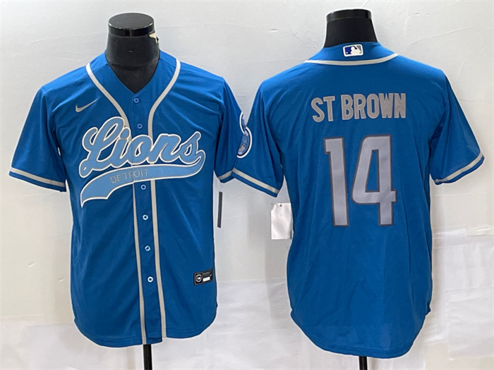Personalized Men’s Detroit Lions #14 Amon-Ra St. Brown Blue Cool Base Stitched Baseball Jersey