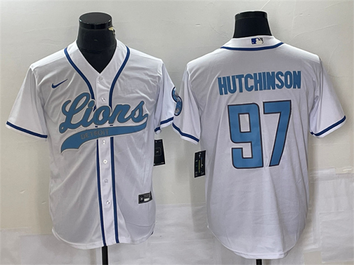 Personalized Men’s Detroit Lions #97 Aidan Hutchinson White Cool Base Stitched Baseball Jersey