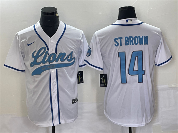 Personalized Men’s Detroit Lions #14 Amon-Ra St. Brown White Cool Base Stitched Baseball Jersey
