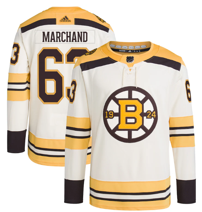 Personalized Men’s Boston Bruins #63 Brad Marchand Cream 100th Anniversary Stitched Jersey