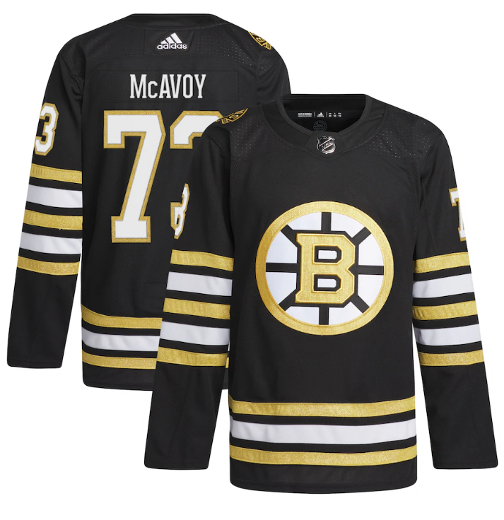 Personalized Men’s Boston Bruins #73 Charlie McAvoy Black 100th Anniversary Stitched Jersey