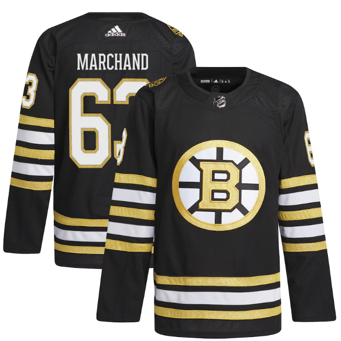 Personalized Men’s Boston Bruins #63 Brad Marchand Black 100th Anniversary Primegreen Stitched Jersey