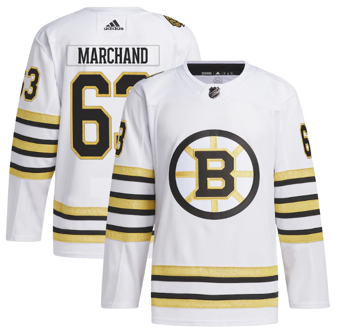 Personalized Men’s Boston Bruins #63 Brad Marchand White 100th Anniversary Primegreen Stitched Jersey