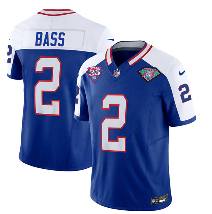 Personalized Men’s Buffalo Bills #2 Tyler Bass Blue White 2023 F.U.S.E. 35th And 75th Patch Throwback Untouchable Limited Stitched Jersey