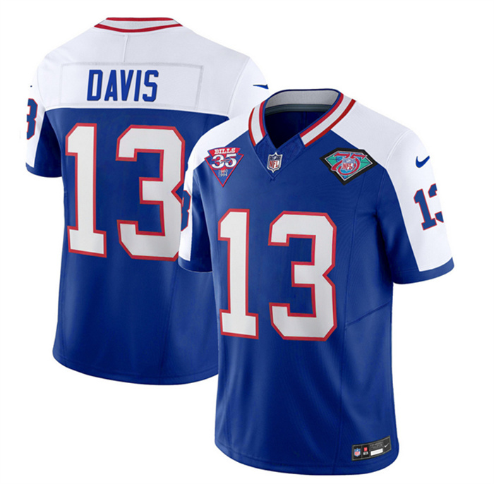 Personalized Men’s Buffalo Bills #13 Gabe Davis Blue White 35th And 75th Patch 2023 F.U.S.E. Throwback Untouchable Limited Stitched Jersey