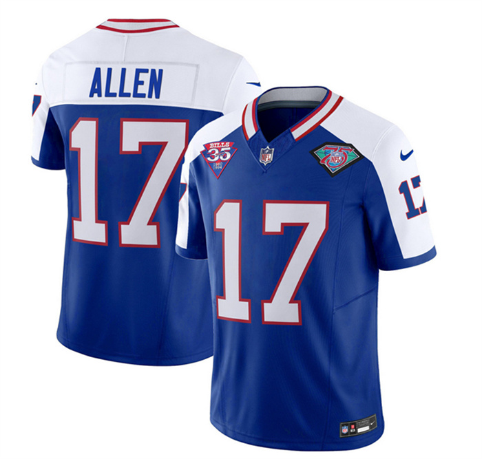 Personalized Men’s Buffalo Bills #17 Josh Allen Blue White 35th And 75th Patch 2023 F.U.S.E. Throwback Untouchable Limited Stitched Jersey