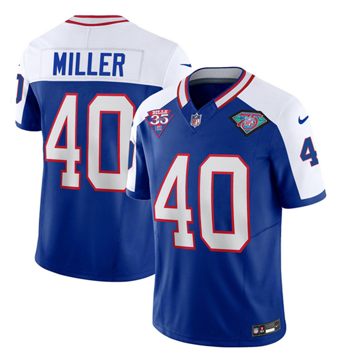 Personalized Men’s Buffalo Bills #40 Von Miller Blue White 35th And 75th Patch 2023 F.U.S.E. Throwback Untouchable Limited Stitched Jersey