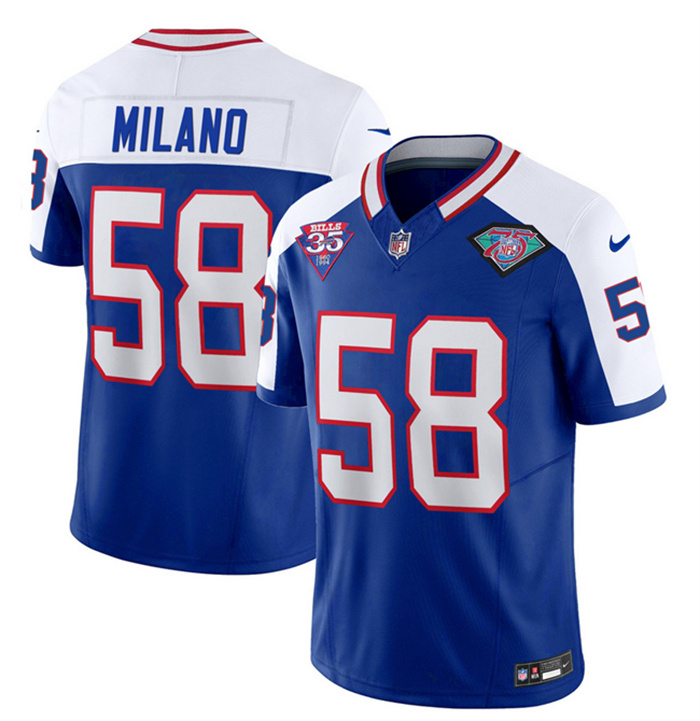 Personalized Men’s Buffalo Bills #58 Matt Milano Blue White 35th And 75th Patch 2023 F.U.S.E. Throwback Untouchable Limited Stitched Jersey