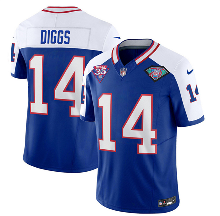 Personalized Men’s Buffalo Bills #14 Stefon Diggs Blue White 35th And 75th Patch 2023 F.U.S.E. Throwback Untouchable Limited Stitched Jersey
