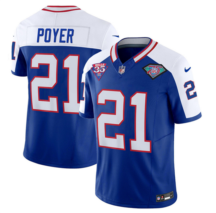 Personalized Men’s Buffalo Bills #21 Jordan Poyer Blue White 2023 F.U.S.E. 35th And 75th Patch Throwback Untouchable Limited Stitched Jersey