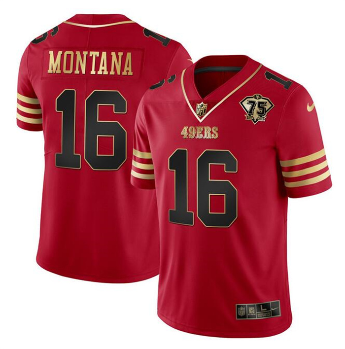 Personalized Men’s San Francisco 49ers #16 Joe Montana Red Gold With 75th Anniversary Patch Stitched Jersey