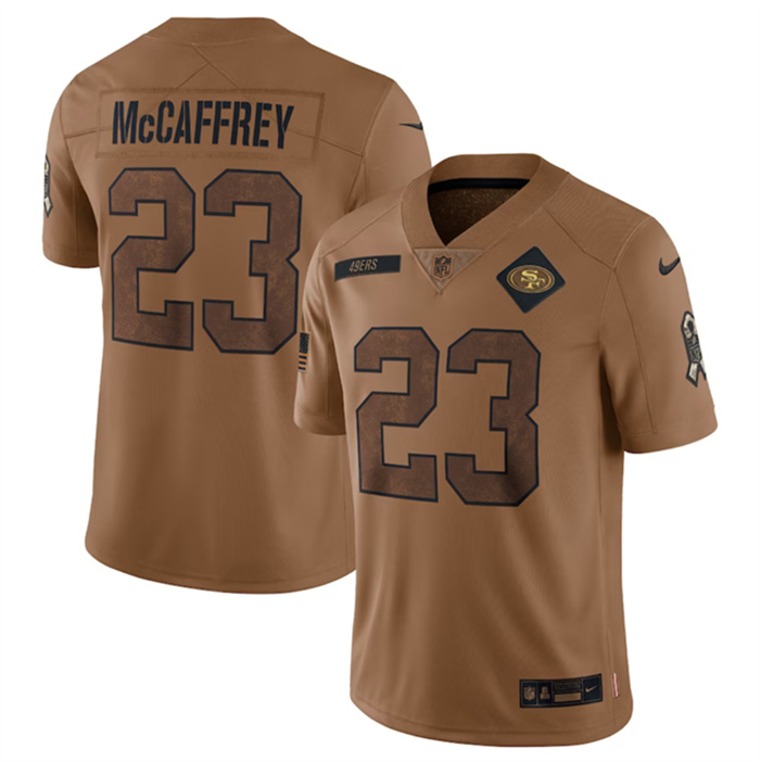 Personalized Men’s San Francisco 49ers #23 Christian McCaffrey 2023 Brown Salute To Service Limited Stitched Football Jersey