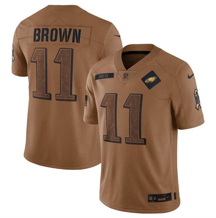 Personalized Men’s Philadelphia Eagles #11 A. J. Brown 2023 Brown Salute To Service Limited Stitched Football Jersey