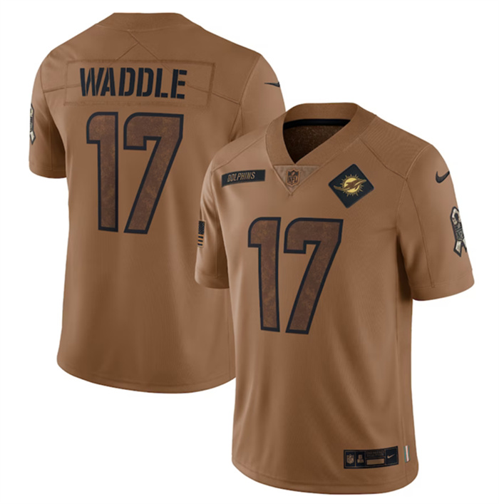 Personalized Men’s Miami Dolphins #17 Jaylen Waddle 2023 Brown Salute To Service Limited Stitched Football Jersey