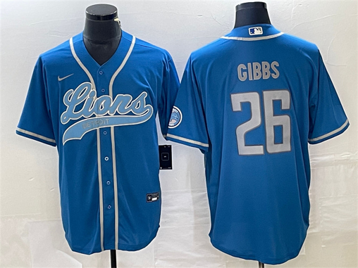 Personalized Men’s Detroit Lions #26 Jahmyr Gibbs Blue Cool Base Stitched Baseball Jersey