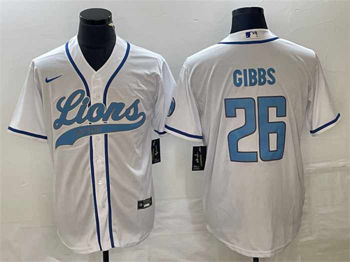 Personalized Men’s Detroit Lions #26 Jahmyr Gibbs White Cool Base Stitched Baseball Jersey