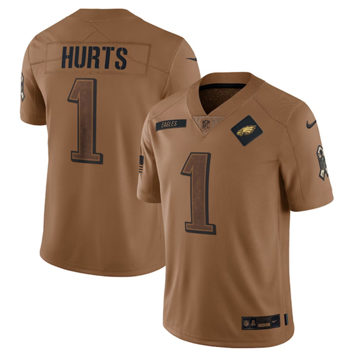 Personalized Men’s Philadelphia Eagles #1 Jalen Hurts 2023 Brown Salute To Service Limited Stitched Football Jersey
