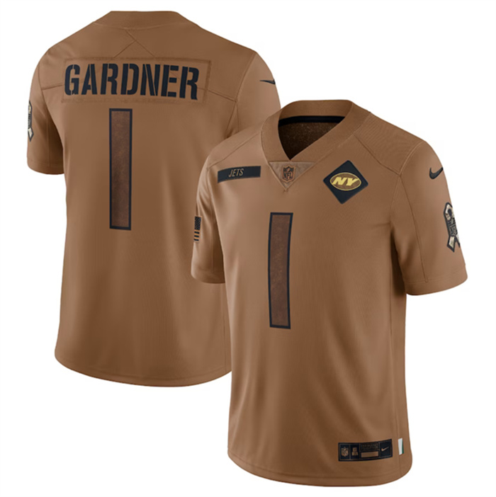 Personalized Men’s New York Jets #1 Sauce Gardner 2023 Brown Salute To Service Limited Stitched Football Jersey