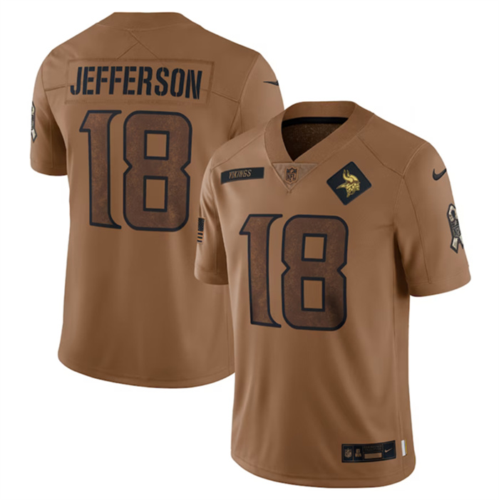 Personalized Men’s Minnesota Vikings #18 Justin Jefferson 2023 Brown Salute To Service Limited Stitched Jersey