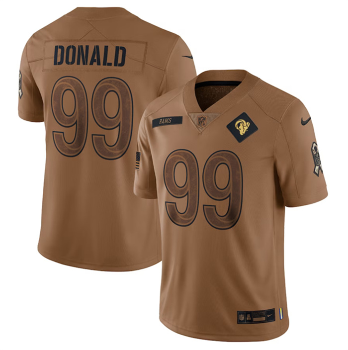 Personalized Men’s Los Angeles Rams #99 Aaron Donald 2023 Brown Salute To Service Limited Stitched Football Jersey