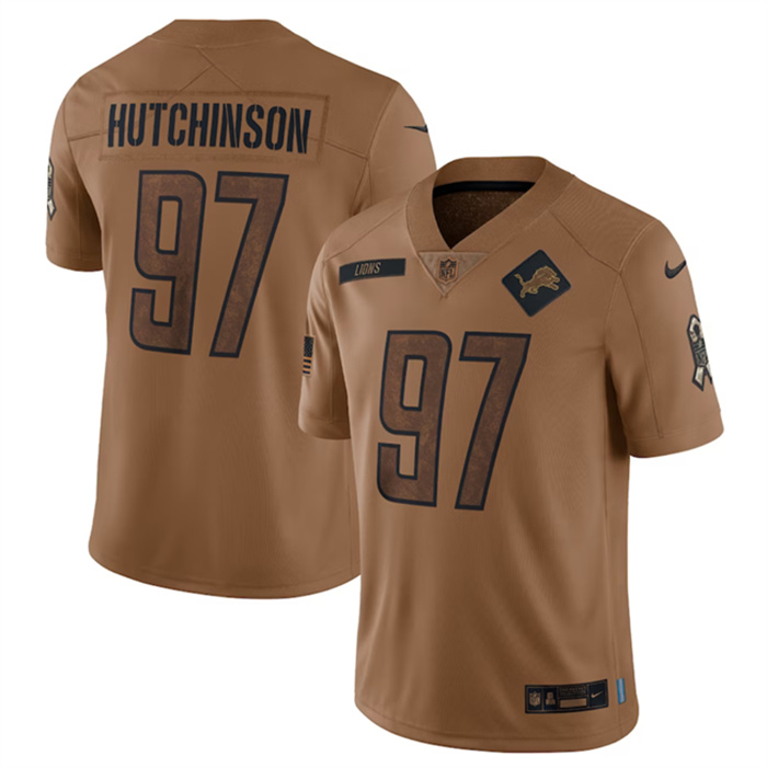 Personalized Men’s Detroit Lions #97 Aidan Hutchinson 2023 Brown Salute To Service Limited Stitched Jersey