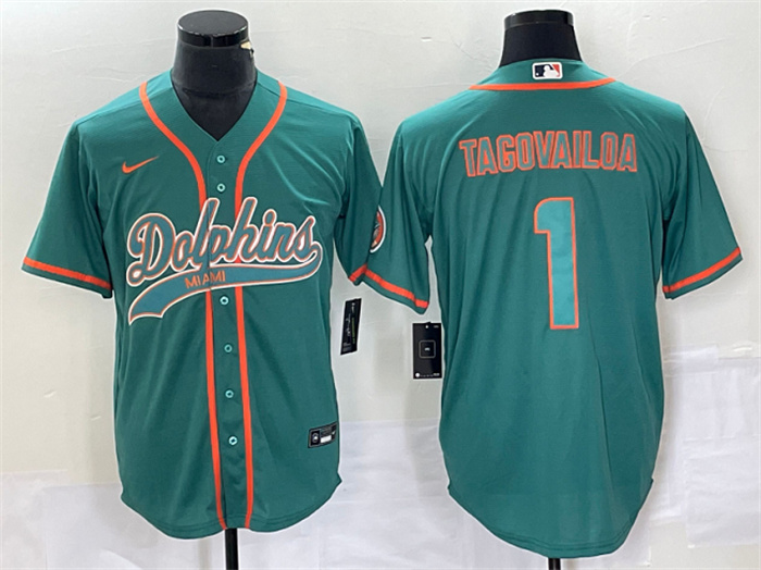Personalized Men’s Miami Dolphins #1 Tua Tagovailoa Aqua Cool Base Stitched Baseball Jersey
