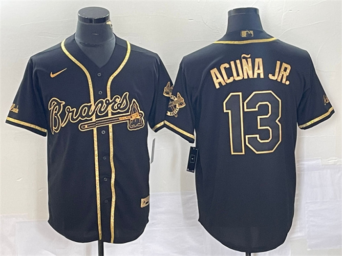 Personalized Men’s Atlanta Braves #13 Ronald Acuña Jr. Black Gold Cool Base Stitched Baseball Jersey
