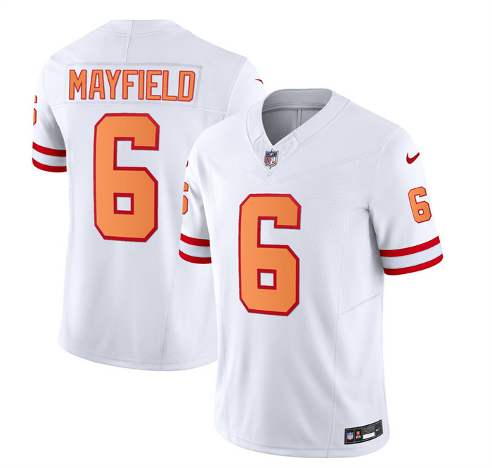 Personalized Men’s Tampa Bay Buccaneers #6 Baker Mayfield 2023 F.U.S.E. White Throwback Limited Stitched Jersey