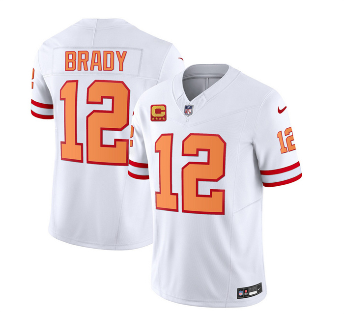 Personalized Men’s Tampa Bay Buccaneers #12 Tom Brady 2023 F.U.S.E. White With 4-Star C Patch Throwback Limited Stitched Jersey