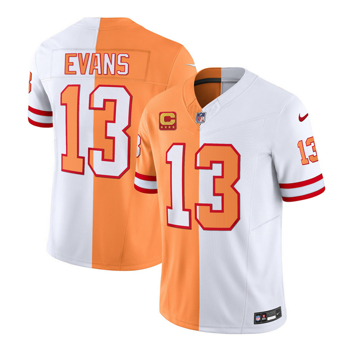 Personalized Men’s Tampa Bay Buccaneers #13 Mike Evans 2023 F.U.S.E. White Gold With 4-Star C Patch Split Throwback Limited Stitched Jersey