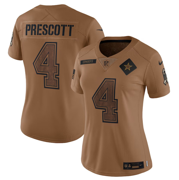 Personalized Women’s Dallas Cowboys #4 Dak Prescott 2023 Brown Salute To Service Limited Stitched Football Jersey(Run Smalluff09