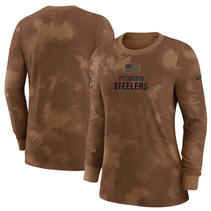 Personalized Women’s Pittsburgh Steelers Brown 2023 Salute To Service Long Sleeve T-Shirt(Run Small)