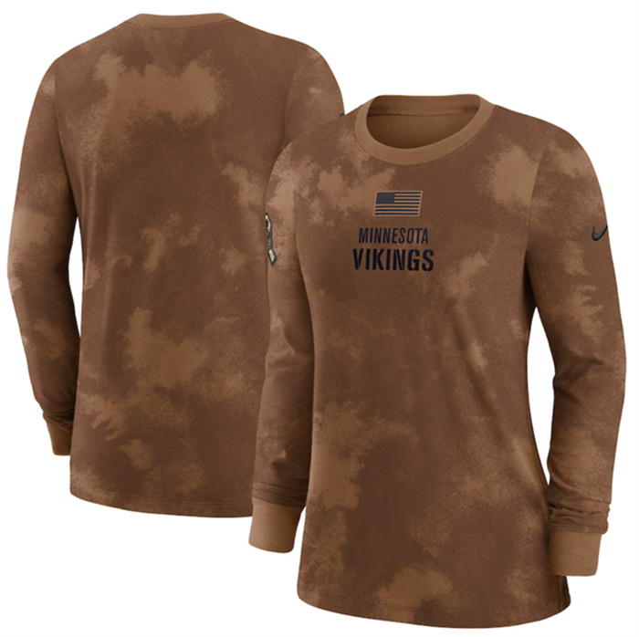 Personalized Women’s Minnesota Vikings Brown 2023 Salute To Service Long Sleeve T-Shirt(Run Small)