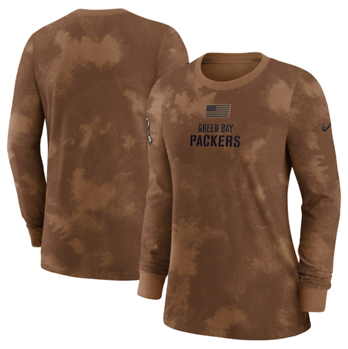 Personalized Women’s Green Bay Packers Brown 2023 Salute To Service Long Sleeve T-Shirt(Run Small)