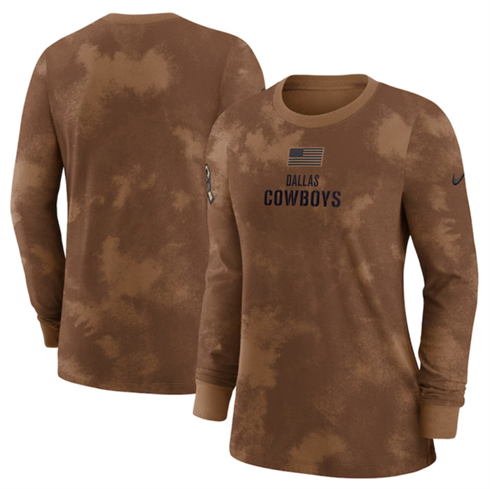 Personalized Women’s Dallas Cowboys Brown 2023 Salute To Service Long Sleeve T-Shirt(Run Small)