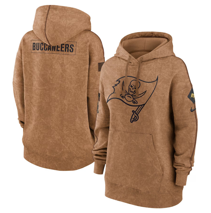 Personalized Women’s Tampa Bay Buccaneers 2023 Brown Salute To Service Pullover Hoodie(Run Small)