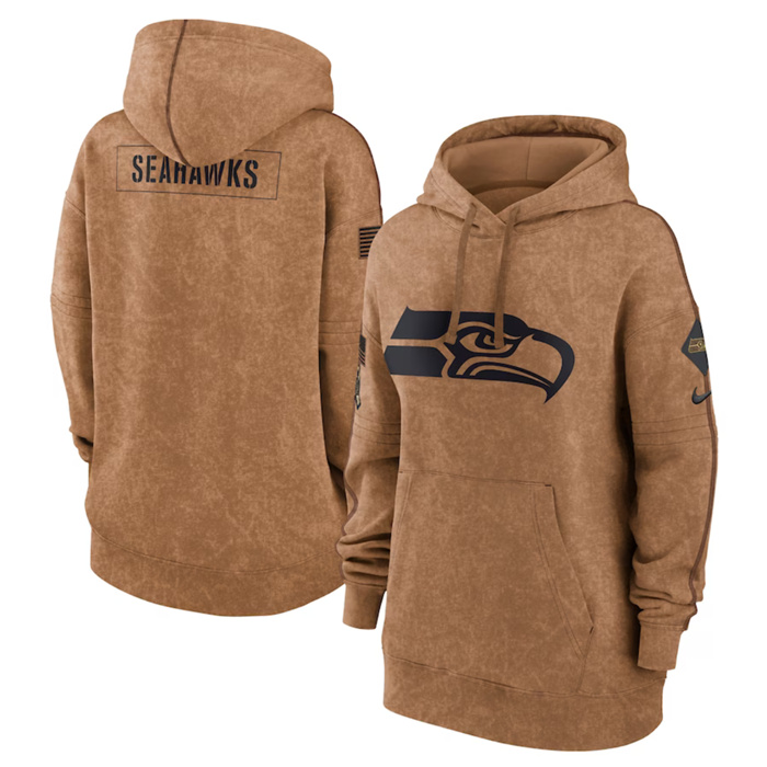 Personalized Women’s Seattle Seahawks 2023 Brown Salute To Service Pullover Hoodie(Run Small)