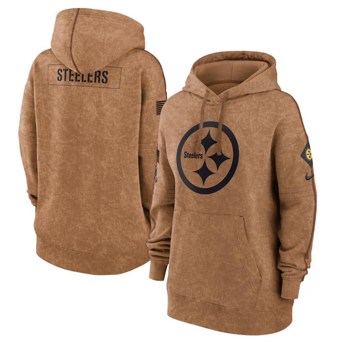 Personalized Women’s Pittsburgh Steelers 2023 Brown Salute To Service Pullover Hoodie(Run Small)