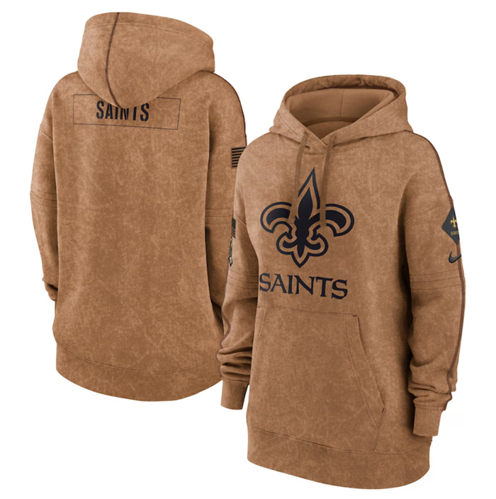 Personalized Women’s New Orleans Saints 2023 Brown Salute To Service Pullover Hoodie(Run Small)