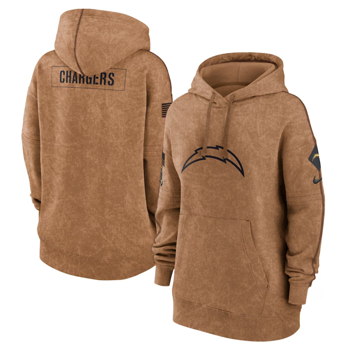 Personalized Women’s Los Angeles Chargers 2023 Brown Salute To Service Pullover Hoodie(Run Small)
