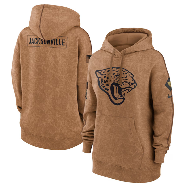 Personalized Women’s Jacksonville Jaguars 2023 Brown Salute To Service Pullover Hoodie(Run Small)